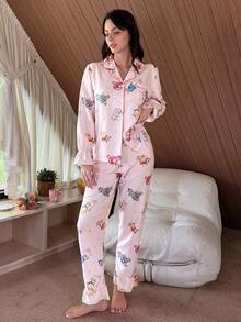 Sweet Pink Bear & Star Print Woven Pajama Set, Lantern Sleeve Button-Down Top & Pants Women Fall Winter Clothes - Pink - View 4
