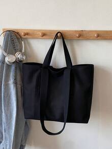 Tote Bag, Minimalist And Elegant Open-Top Design, Dual Wide Strap To Distribute Weight, Comfortable Shoulder Carry. Organized Interior Layout With Ample Storage Space To Accommodate Various Personal Items, Clean And Simple Silhouette, Suitable For Daily Outings, Commuting, And Shopping, Creating A Casual And Elegant Outfit Look. - Black - View 4