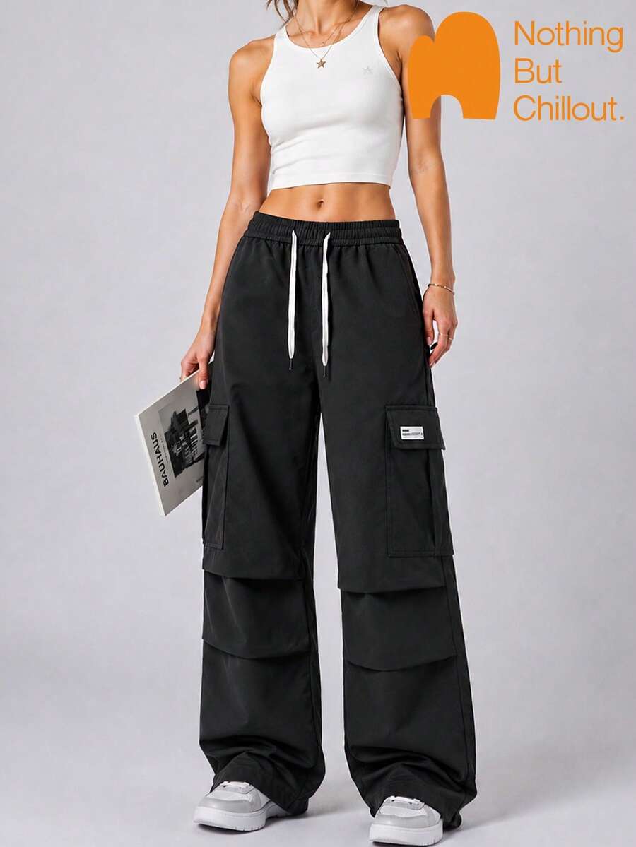 NBCT Women's Light Cargo Style Casual Long Pants, Contrast Color Drawstring Elastic Waist, 3D Cargo Pockets, Hiking Travel Camping Trekking Functional Pants - Black - View 1