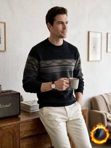 Men's Blue Striped Chenille Knitted Sweater, Thermal Lined, Thick For Winter - Black - View 5