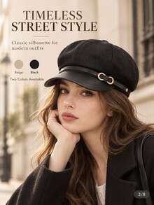 1pc Women's Vintage Newsboy Cap With Metal Buckle, Octagonal Beret, Autumn/Winter Daily Street Casual Flat Cap - Flat Top - View 4