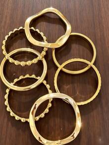 7pcs Premium Metallic Glossy Irregular Shape Bracelets, Versatile Gold Bangles, Niche Design Accessories - Gold - View 3