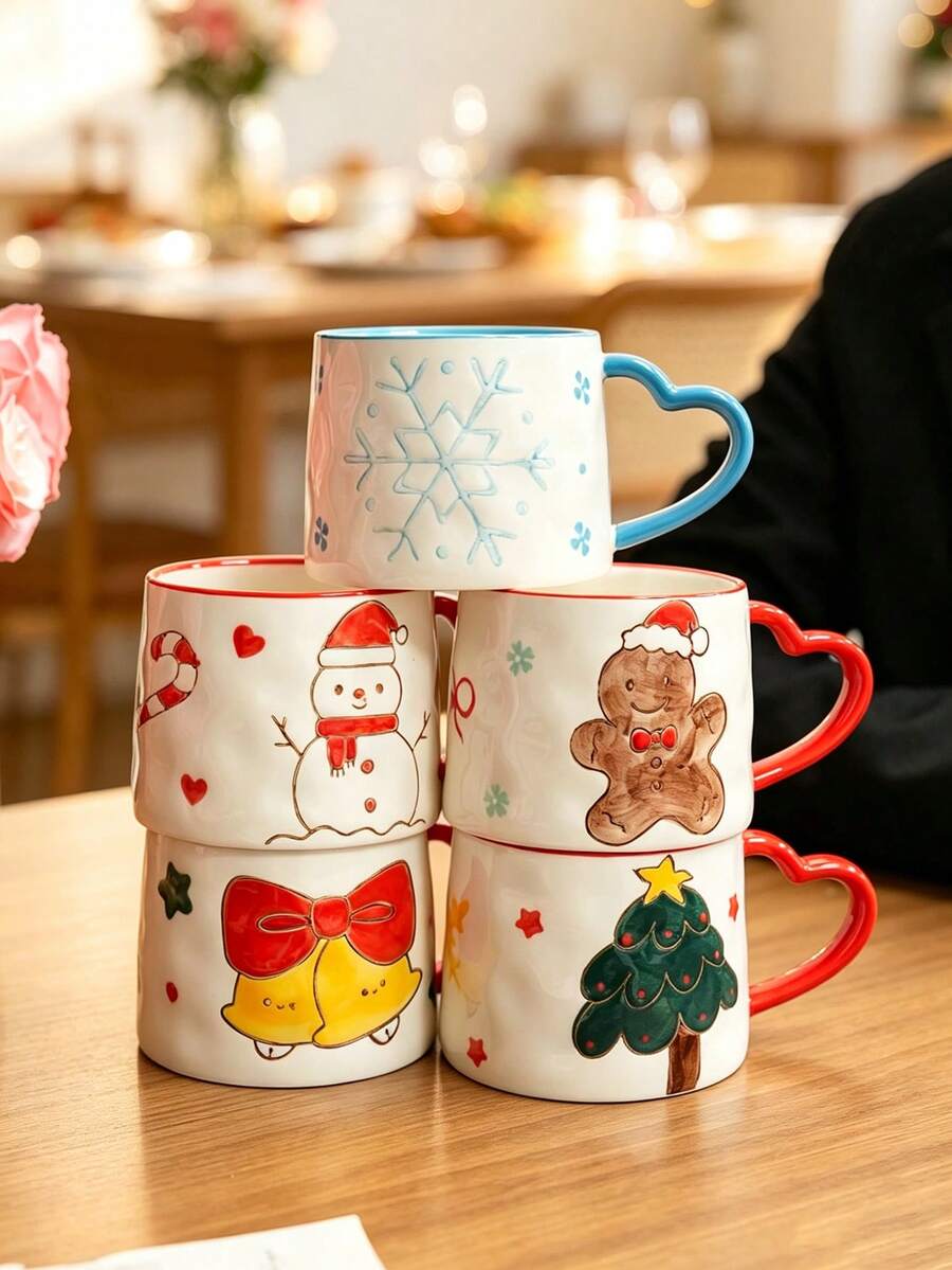 1pc Ceramic Mug, American/European Christmas Holiday Theme Cup, Embossed Snowflake/Christmas Tree/Gingerbread Man/Snowman/Bell 5 Pattern Options, Perfect Holiday Water Cup, Gift, Suitable For Coffee, Tea, Gift, Dishwasher