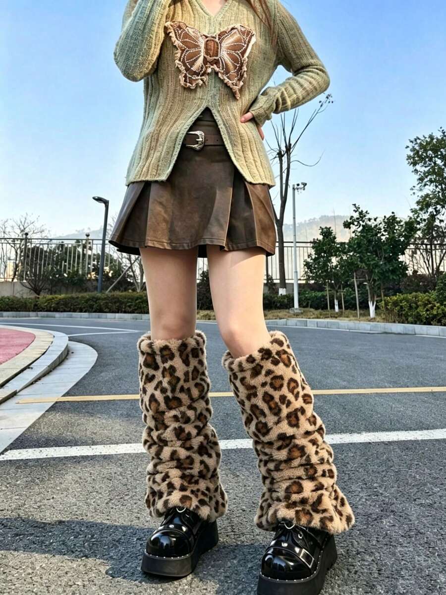 Leopard Print Plush Leg Warmers Y2K Fluffy Loose Boot Covers Vintage Street Style Winter Leg Socks - Multicolor - View 1