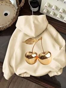 Tween Girl Fun Print Sweatshirt, Warm And Comfortable Thermal Lined Pullover Sweatshirt For Autumn/Winter - Apricot - View 2