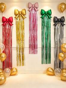 4pcs 21-Inch Bow Balloons + 2m Metallic Fringe Curtain Balloon Set, Wall Hanging Party Background Decoration, Birthday, Wedding, Christmas, Halloween, Baby Shower Theme Party Decor, Holiday Photo Backdrop Props - 4-piece Butterfly Balloon Rain Curtain Set - View 1