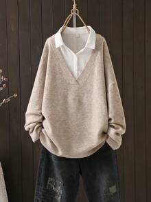 Plus Size Women V‑Neck Knit Sweater Long Sleeve Drop Shoulder Loose Plus Size Fall Winter Pullover Top - Khaki - View 1
