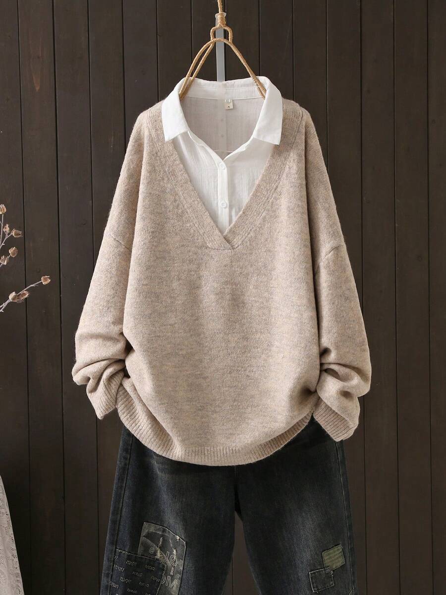Plus Size Women V‑Neck Knit Sweater Long Sleeve Drop Shoulder Loose Plus Size Fall Winter Pullover Top - Khaki - View 1