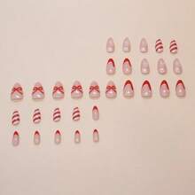 24pcs Almond Shaped Nail Stickers, Christmas Snowflake And Santa Hat Design Nail Set, Red And White Striped Decoration, Includes 1pc Jelly Glue And 1pc Nail File - Red - View 5