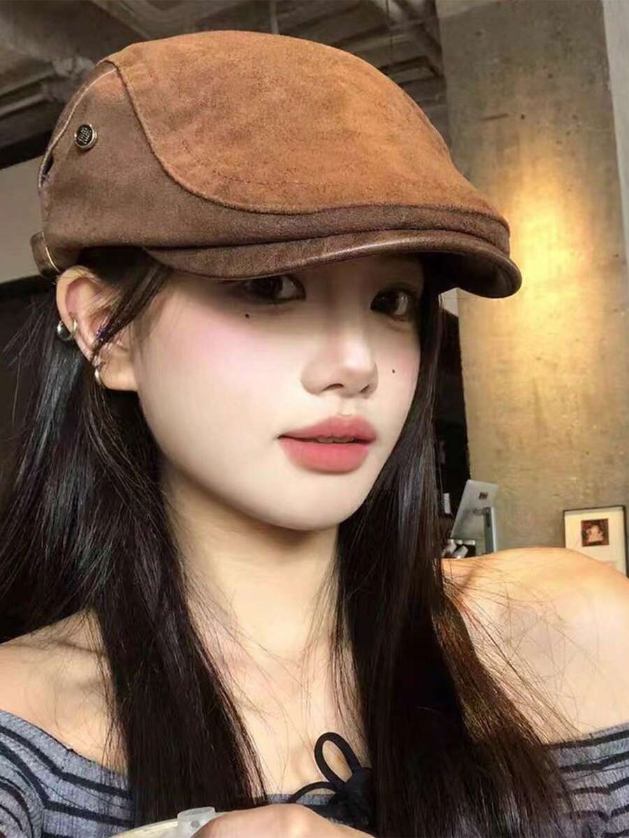 1 buah Topi Beret Suede Vintage untuk Wanita, Beret Gaya Klasik Musim Gugur/Dingin - A - View 1
