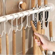 Wall-Mounted Kitchen Hanging Rack With Removable Hooks, Heavy Duty Black Metal Straight Bar Storage Rack, Suitable For Pots, Pans, Kitchen Utensils, Towels, Drill-Free Space-Saving Hanging Kitchen Storage Rack, Suitable For Home Apartment Kitchen Storage - Black - View 7
