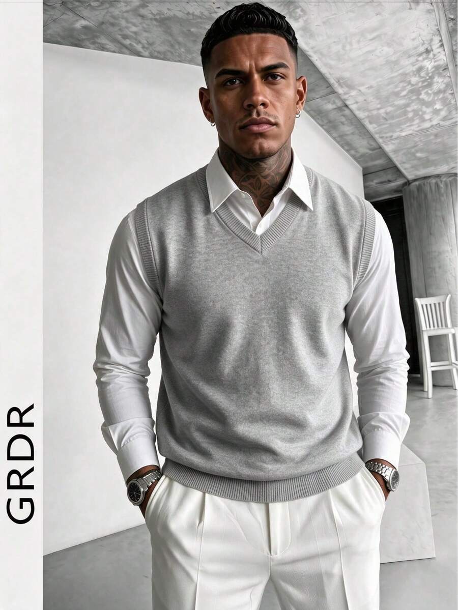 GRDR Men's Solid Color V-Neck Casual Versatile Knit Vest