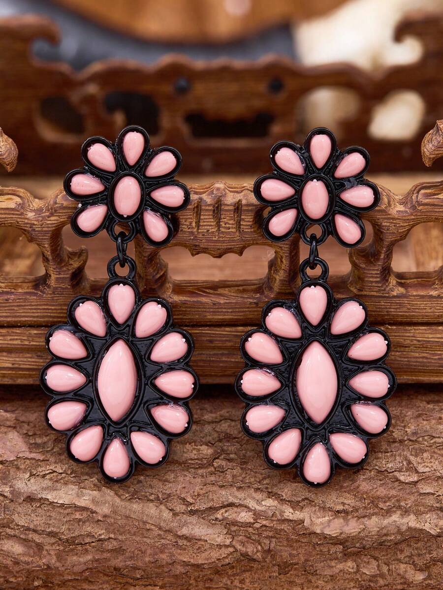luodee 1 Pair Western Vintage Black & Pink Earrings, Bohemian Dangle Earrings For Women, Suitable For All Occasions, Women's Gift - Multicolor - View 1