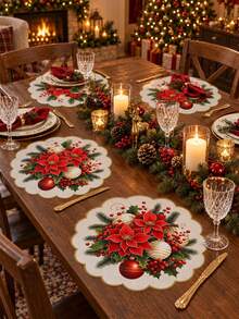 Set Of 2/4/6 Red Poinsettia And Bell Christmas Placemats – Festive Holiday Table Decor; Linen Placemats Featuring Poinsettia Floral Designs; Suitable For Christmas Table Settings And Year-Round Use. - Multicolor - View 7