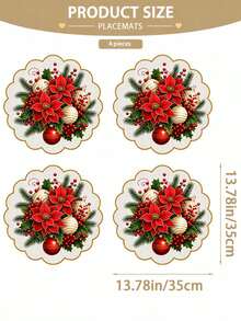 Set Of 2/4/6 Red Poinsettia And Bell Christmas Placemats – Festive Holiday Table Decor; Linen Placemats Featuring Poinsettia Floral Designs; Suitable For Christmas Table Settings And Year-Round Use. - Multicolor - View 12