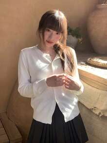 女款圓領簡約設計百搭柔軟舒適休閒日常開襟衫 - 白色 - 查看 3