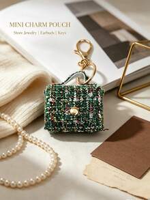 1pc Cute Tweed Mini Jewelry Storage Bag, Portable Earphone Bag Keychain Pendant, Mini Travel Ring Box Travel Jewelry Box Cosmetic Storage Box, Women's Earring/Ring/Necklace/Bracelet Storage Box, Mini Wallet - Tweed Mini Bag - View 6