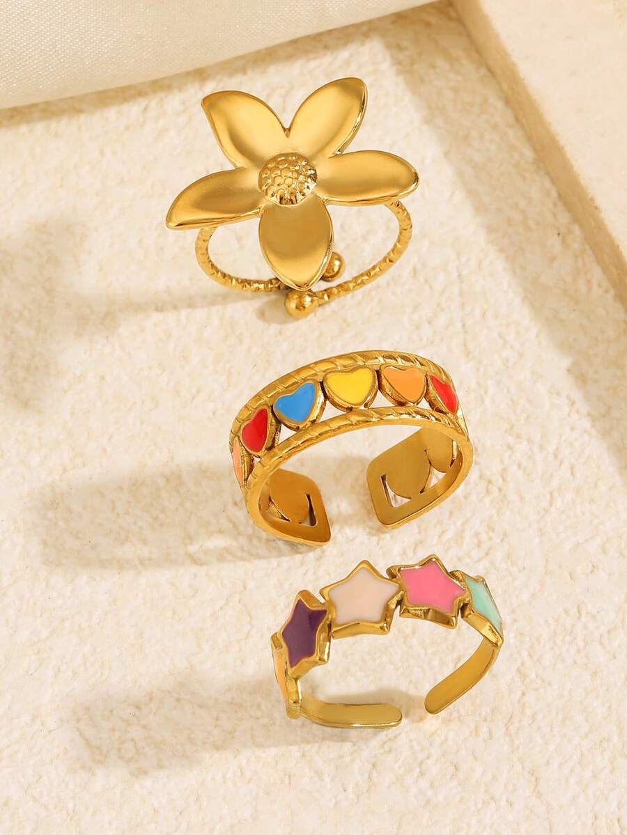 3pcs Stainless Steel Gold Color Personalized Versatile Cute Geometric Colorful Heart Flower Star Rings Set Suitable For Women Daily Holiday Date Wear - Multicolor - View 1