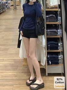 秋季純棉長袖T恤 百搭海軍藍女款修身純色內搭打底衫 - 藏青色 - 查看 2