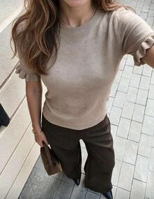 Women's Casual Solid Color Round Neck Ruffle Short Sleeve Loose Fit T-Shirt, Spring/Summer Style, Suitable For Dating And Daily Wear - Khaki - View 8