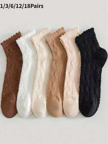 1/3/6/12/18 Pairs Women's Solid Color Diamond Pattern Short Socks, Breathable And Comfortable, With Lace Trim, Suitable For Spring, Autumn And Summer, Cute Socks - Multicolor - View 6