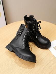Girls Streetwear Kids Comfortable Metal Buckle Decor Glossy Functional Style Boots Black Boots Cool Girls Boots Suitable For Autumn/Winter Wear - Black - View 2