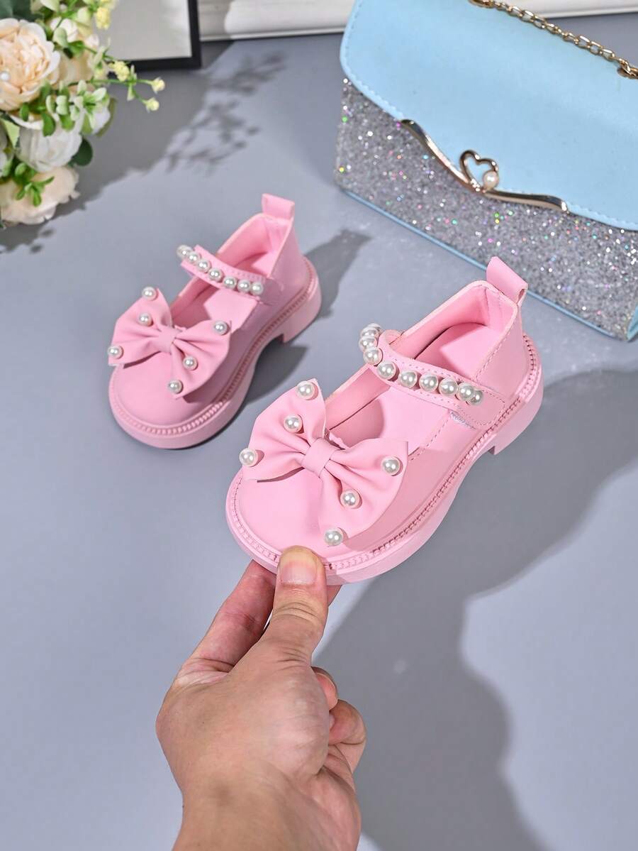 Girls' Black Pearl Bow Hook And Loop Mary Jane Shoes, Chunky Heel, Non-Slip, Party, Performance, Princess Shoes - Pink - View 1