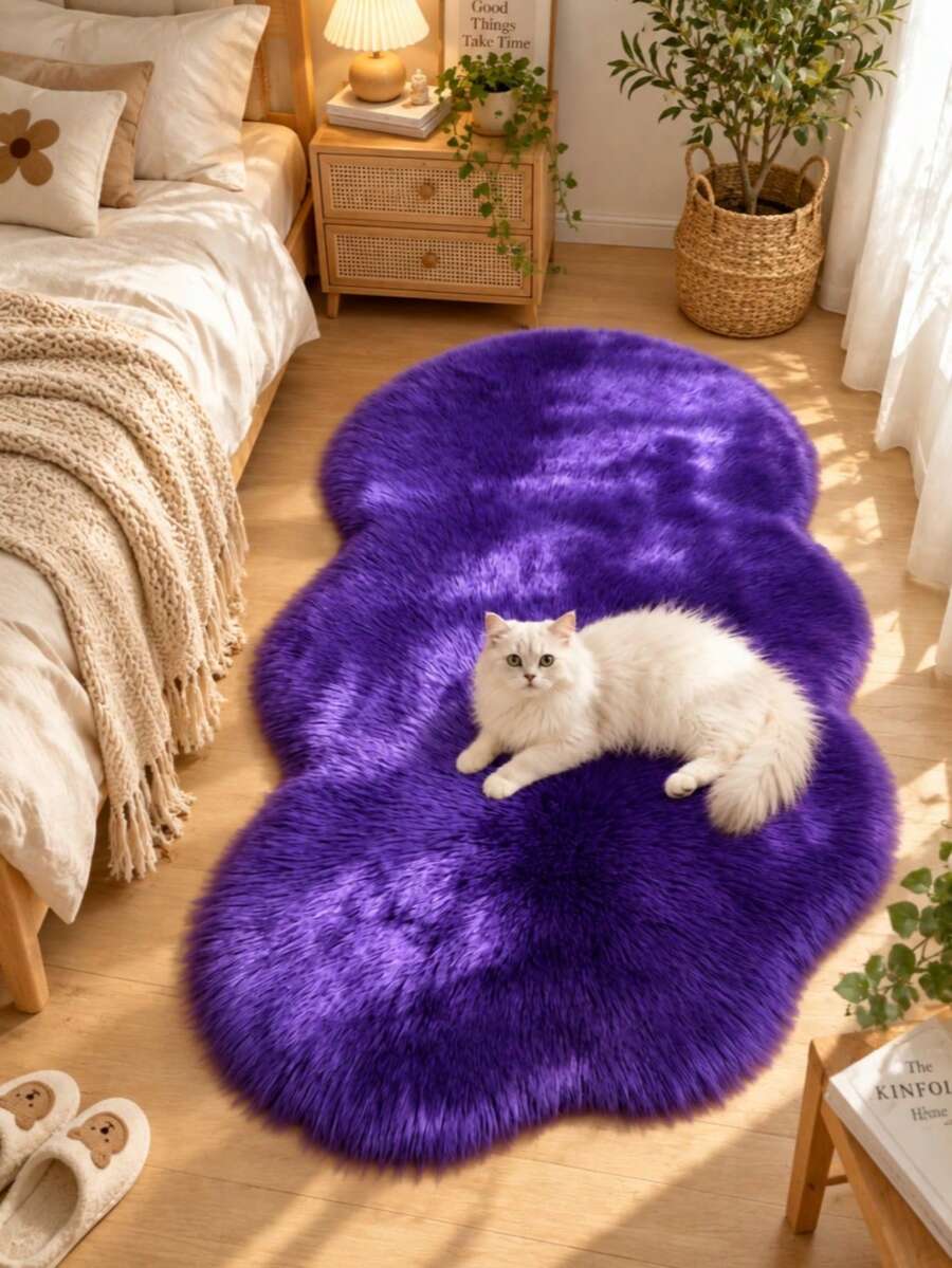 1pc Luxury Purple Faux Fur Rug, Asymmetrical Shaped Artificial Long Pile Carpet, Decorative Rug, Bedroom Decor, Soft Fluffy Bedroom Decor Rug, Hand-Cut With 1-5cm Error, Small Rug, Carpet, Bedroom Window Seat Mat, Living Room Rug, Bedroom Rug, Living Room Home Decor, Autumn/Winter Rug, New Year Decor, Washable Rug, Fur Rug - Purple - View 1