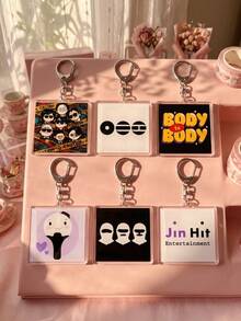 6pcs K-Pop B/TS Cute Funny Aesthetic Acrylic Keychains, Funny Meme Theme Including Fashion Glasses Chibi Member Group Photo And CAUTION Warning Line, Cute Lightstick And Heart, Funny Logo Square Pattern Pendant, Backpack And Car Key Accessory, K-Pop Fan And ARMY Fan Gift - Multicolor - View 3