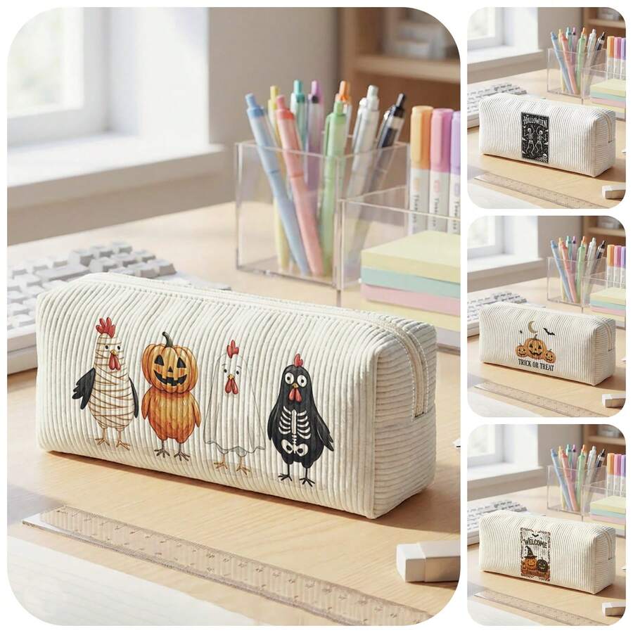 1pc Halloween Skull Jack-O'-Lantern Print Corduroy Pencil Case, Zipper Large Capacity Stationery Storage Pouch For Student School Daily Study - Multicolor - View 1