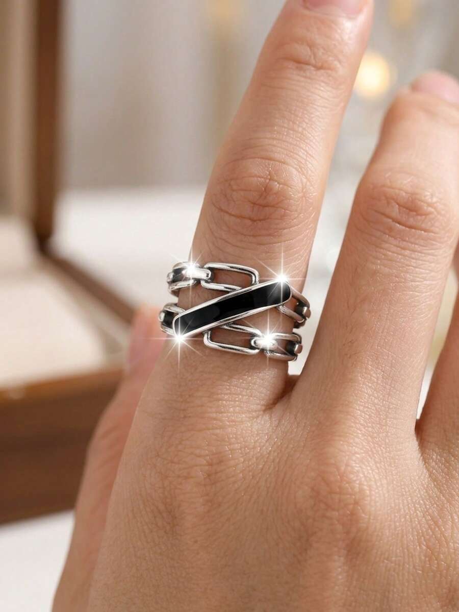 Cool Hip-Hop Style Chain Ring, Silver Double Layer Black Enamel Adjustable Ring, Ideal Gift For Birthday, Halloween Couples - Silver - View 1