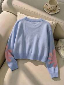 Girls Cute Colorblock Floral Round Neck Short Knit Sweater Long Sleeve Pullover Suitable For Daily, Vacation, Casual, Spring, Autumn, Winter - Blue - View 4