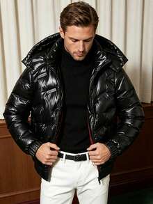 Men's Shiny Stand Collar Long Sleeve Detachable Hood Solid Color Casual Style Autumn/Winter Warm Padded Coat - Black - View 11