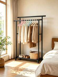 Black Double‑Rod Floor Coat Rack, (Can Be Used With Adult Plastic Hangers), High‑Low Double‑Rod Hanging Design, Bottom Storage Layer, Universal Casters For Easy Movement, Suitable For‑Bedroom, Entryway, Cloakroom, For Hanging Clothes And Bags - Black - View 2