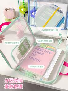 Horizontal A4 Grid File Bag With Portable Flower Charm, Transparent Zipper File Storage Bag, Portable Student Campus Exam Paper And Material Storage Bag - Multicolor - View 3