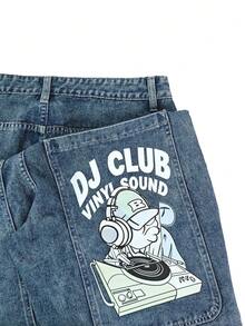 Men's Vintage Light Wash Big Pocket Wide Leg Jeans, Street Style Printed Loose Silhouette Denim Pants - Blue - View 6