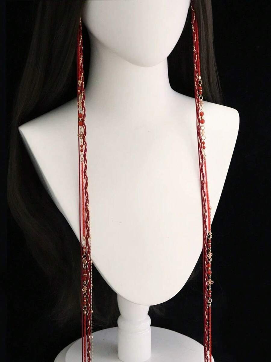 Original Extra Long Tassel Hair Clip, Unisex Element Hanfu Ancient Style Headpiece, Chinese Style Hair Accessory, New Chinese Style Accessory - Burgundy - View 1