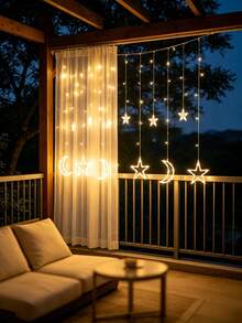 1PC 138LED Moon Star Curtain Fairy Lights, USB Operated 8 Lighting Modes Warm White String Light, Indoor Window Wall Decor For Holiday Birthday Party - Warm Light - View 4