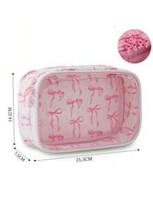 1pc Cute Bow Print Transparent PVC Cosmetic Bag,Waterproof PU Large Capacity Portable Travel Toiletry Bag,Zipper Makeup Organizer Pouch For Women Girls - Pink - View 7
