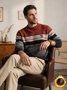 Red Men's Winter Thick Chenille Striped Knit Sweater - Red - View 6