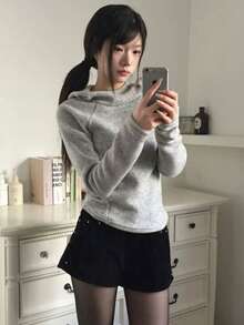 Korean Style Asymmetrical Diagonal Button Casual Versatile Suede Slimming High Neck Hooded Long Sleeve T-Shirt Top - Grey - View 6