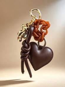 1pc Vintage Brown Tone Heart Leather Rope Bag Charm, Acrylic Chain Metal Buckle Keychain Bag Decoration - Brown - View 2