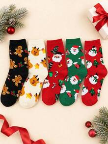 1/3/5 Pairs Unisex Random Snowman, Deer, Christmas Tree Pattern Fashion Mid-Calf Socks, Soft Comfortable Breathable, Suitable For All Seasons Casual Sports Christmas Socks, Perfect For Daily Wear, Holiday Parties And Travel (Random Style Delivery) - Multicolor - View 4