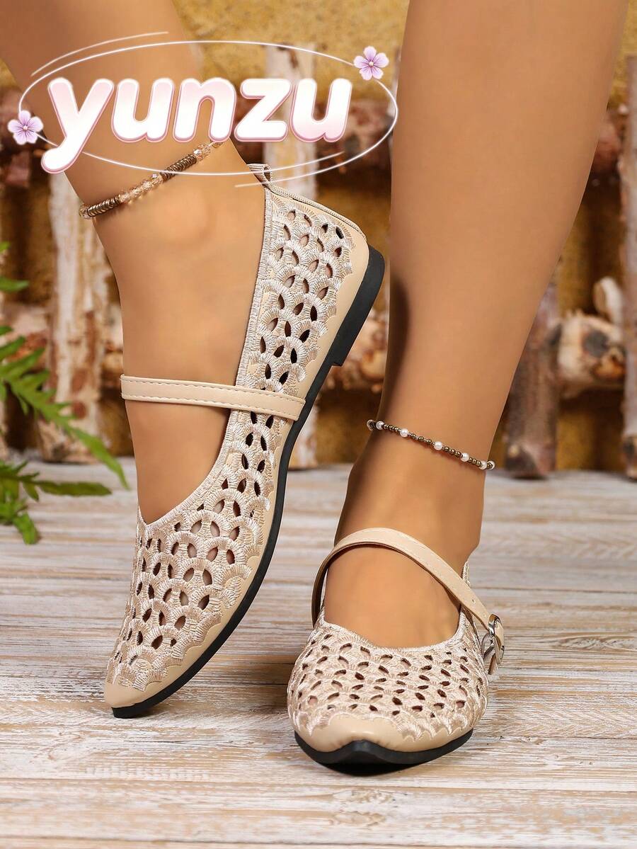 Beige Breathable Crochet Women's Square Toe Single Strap V-Cut Thin Sole Flat Low-Top Comfortable Shoes, Retro Style, Daily Commute, Spring/Summer - Apricot - View 1