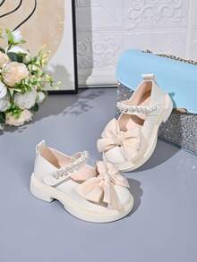 Girls' Pearl Bow Princess Shoes, Soft Sole, Versatile For Spring/Autumn, Birthday Party Dress Shoes - Beige - View 4