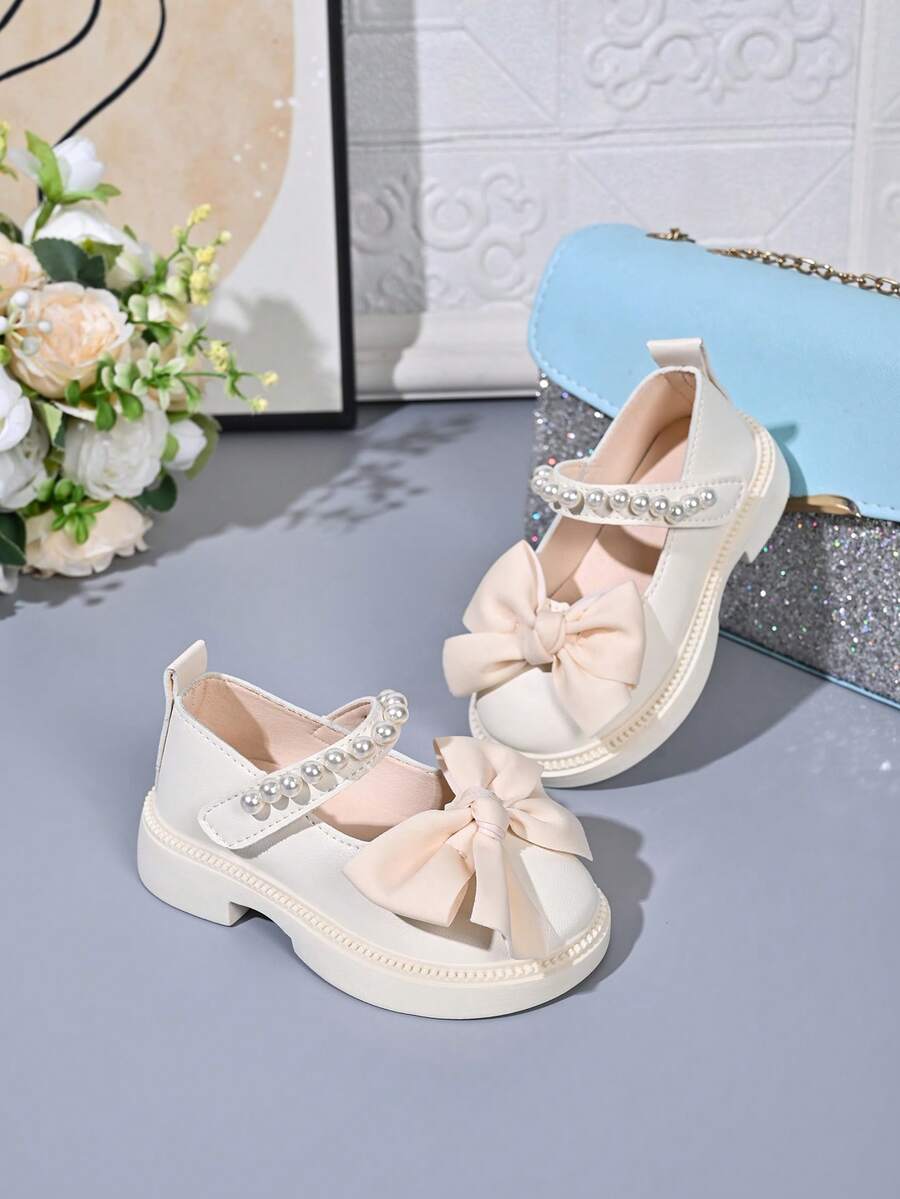 Girls' Pearl Bow Princess Shoes, Soft Sole, Versatile For Spring/Autumn, Birthday Party Dress Shoes - Beige - View 1
