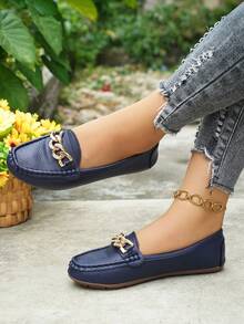 Women's Spring New Gold Chain Elegant Slip-On Loafers, Lightweight Comfortable Rubber Flat Casual Shoes, Versatile - Royal Blue - View 5