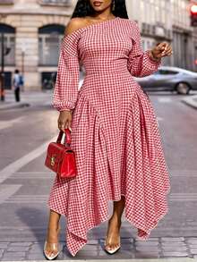 Plus Size Plaid Asymmetrical Collar Dress Elegant - Multicolor - View 6