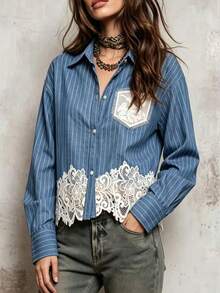 This Elegant Women's Long Sleeve Striped Shirt, Adorned With Delicate Lace Details, Regular Fit, Shirt Collar Design, Is The Perfect Choice For Autumn. - Blue - View 4