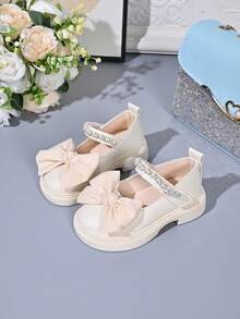 Girls' Pearl Bow Princess Shoes, Soft Sole, Versatile For Spring/Autumn, Birthday Party Dress Shoes - Beige - View 2